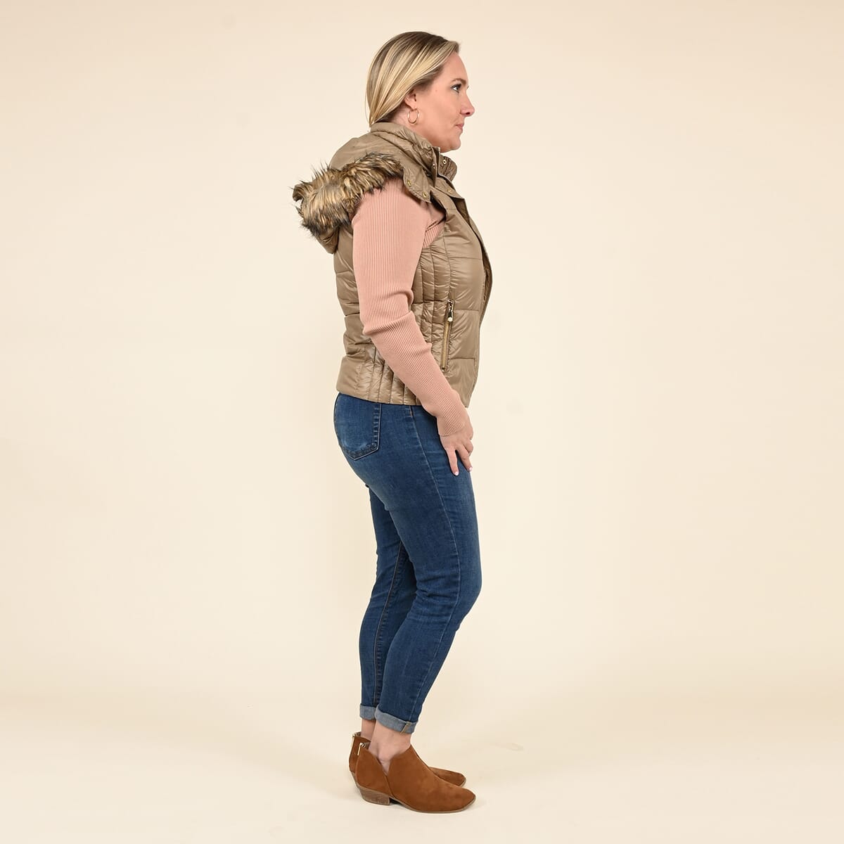 Tamsy Beige Puffer Vest with Faux Fur Hood - Medium image number 2