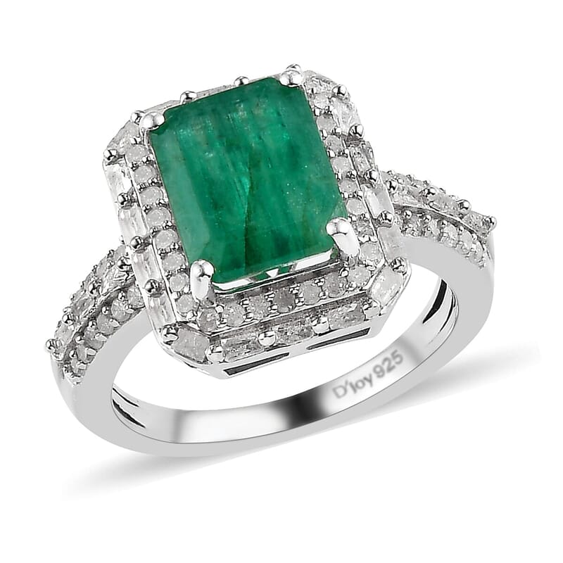 Socoto Emerald and Diamond 2.90 ctw Halo Ring in Platinum Over Sterling Silver (Size 5.0)