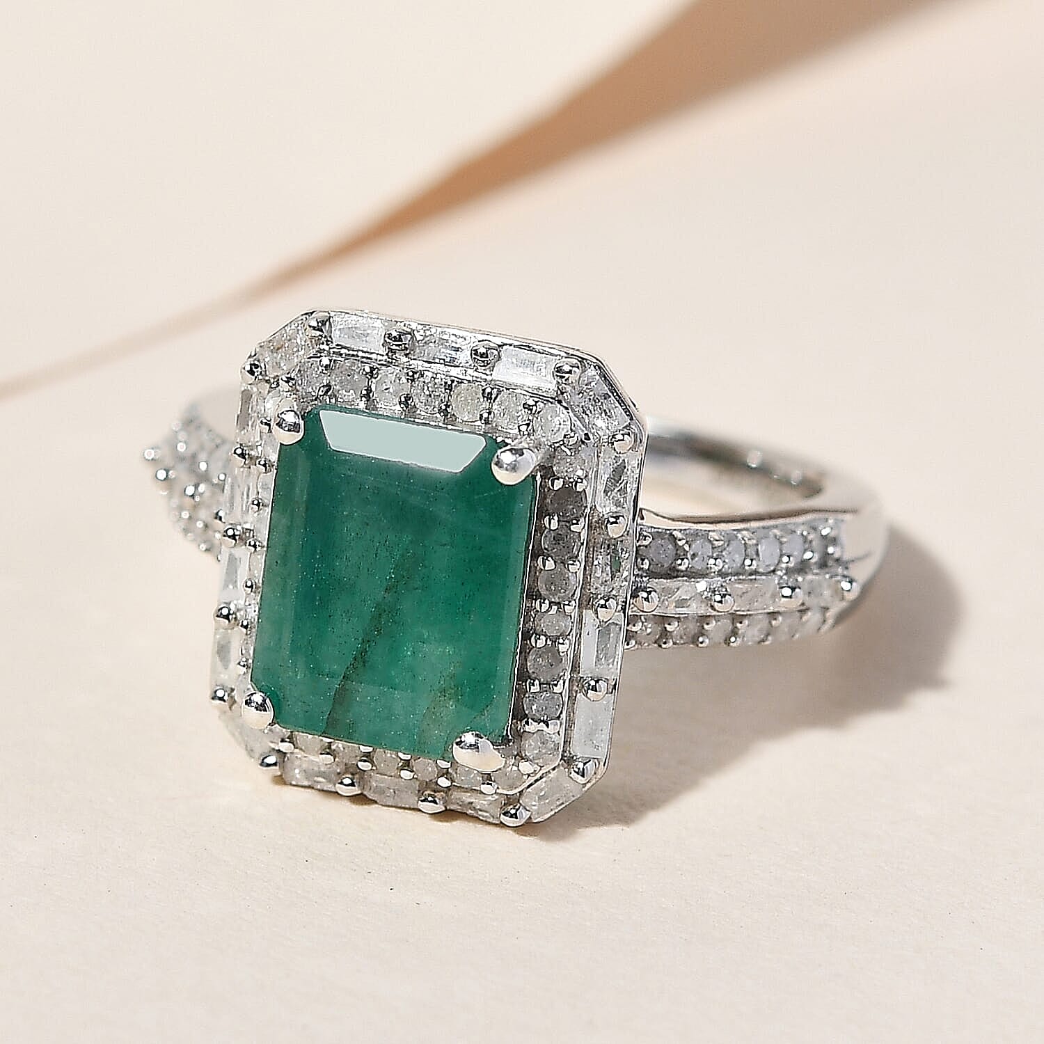 Socoto Emerald and Diamond 2.90 ctw Halo Ring in Platinum Over Sterling Silver (Size 5.0)