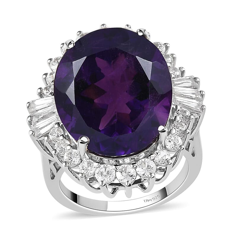 Premium Amethyst and Natural White Zircon Ring in Platinum Over Sterling Silver (Size 10.0) 19.00 ctw