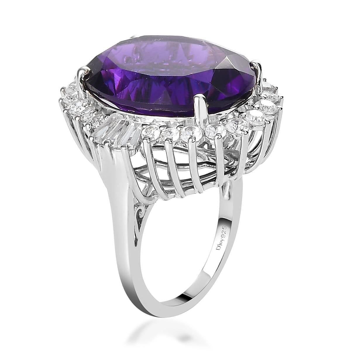 Premium Amethyst and Natural White Zircon Ring in Platinum Over Sterling Silver 19.00 ctw image number 3