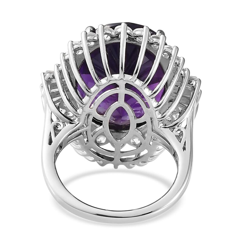 Premium Amethyst and Natural White Zircon Ring in Platinum Over Sterling Silver (Size 10.0) 19.00 ctw