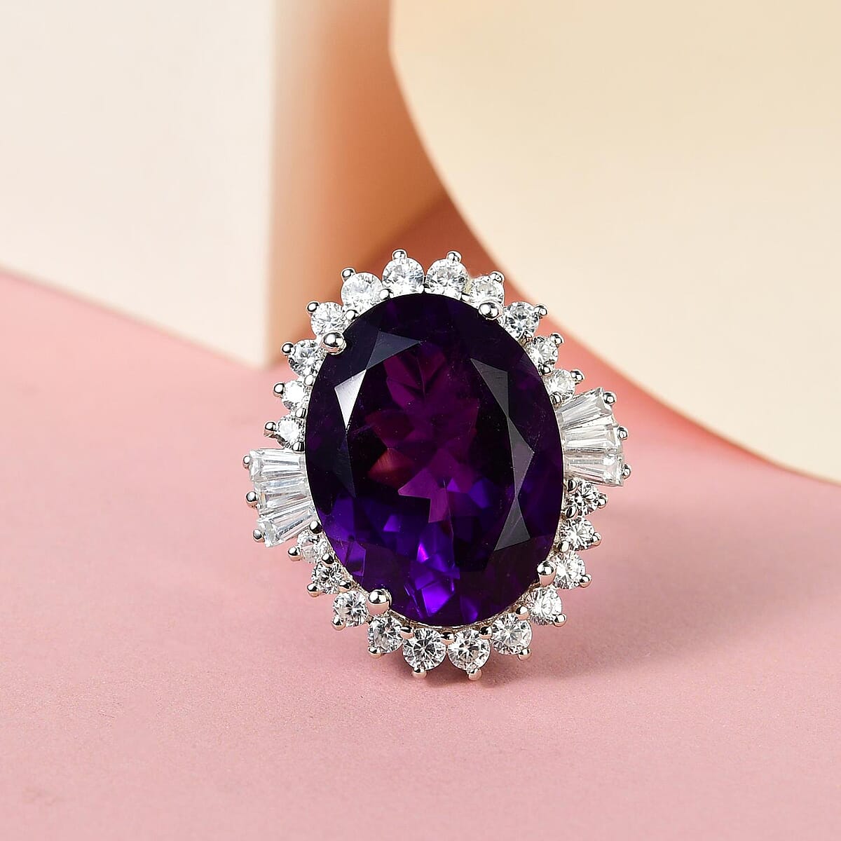 Premium Amethyst and Natural White Zircon Ring in Platinum Over Sterling Silver (Size 9.0) 19.00 ctw image number 1