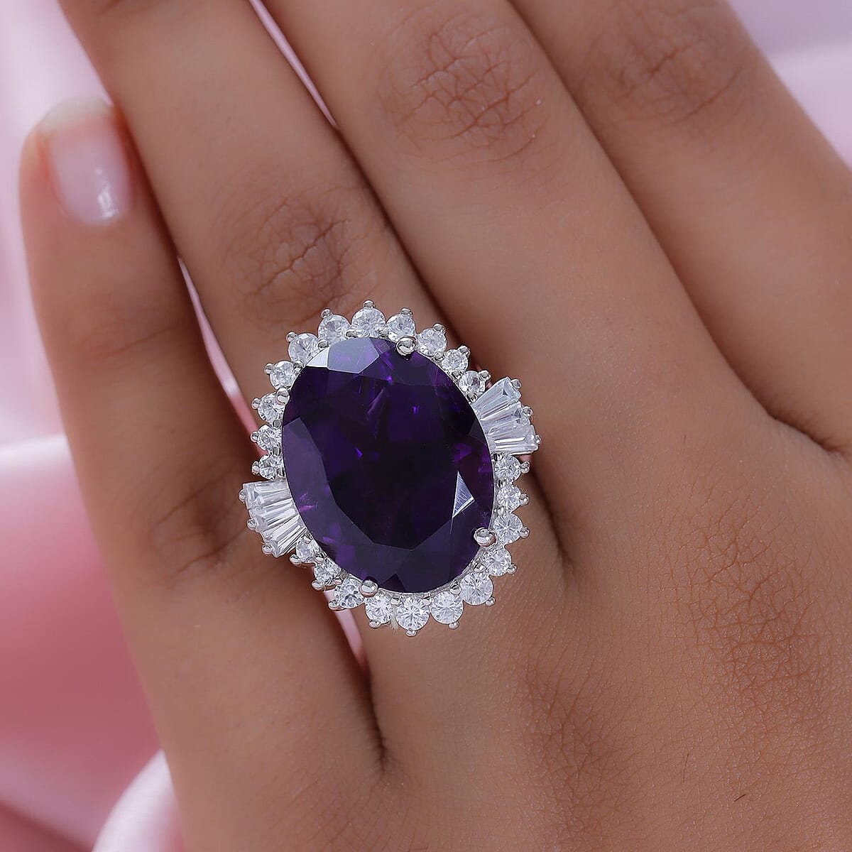 Premium Amethyst and Natural White Zircon Ring in Platinum Over Sterling Silver (Size 9.0) 19.00 ctw image number 2
