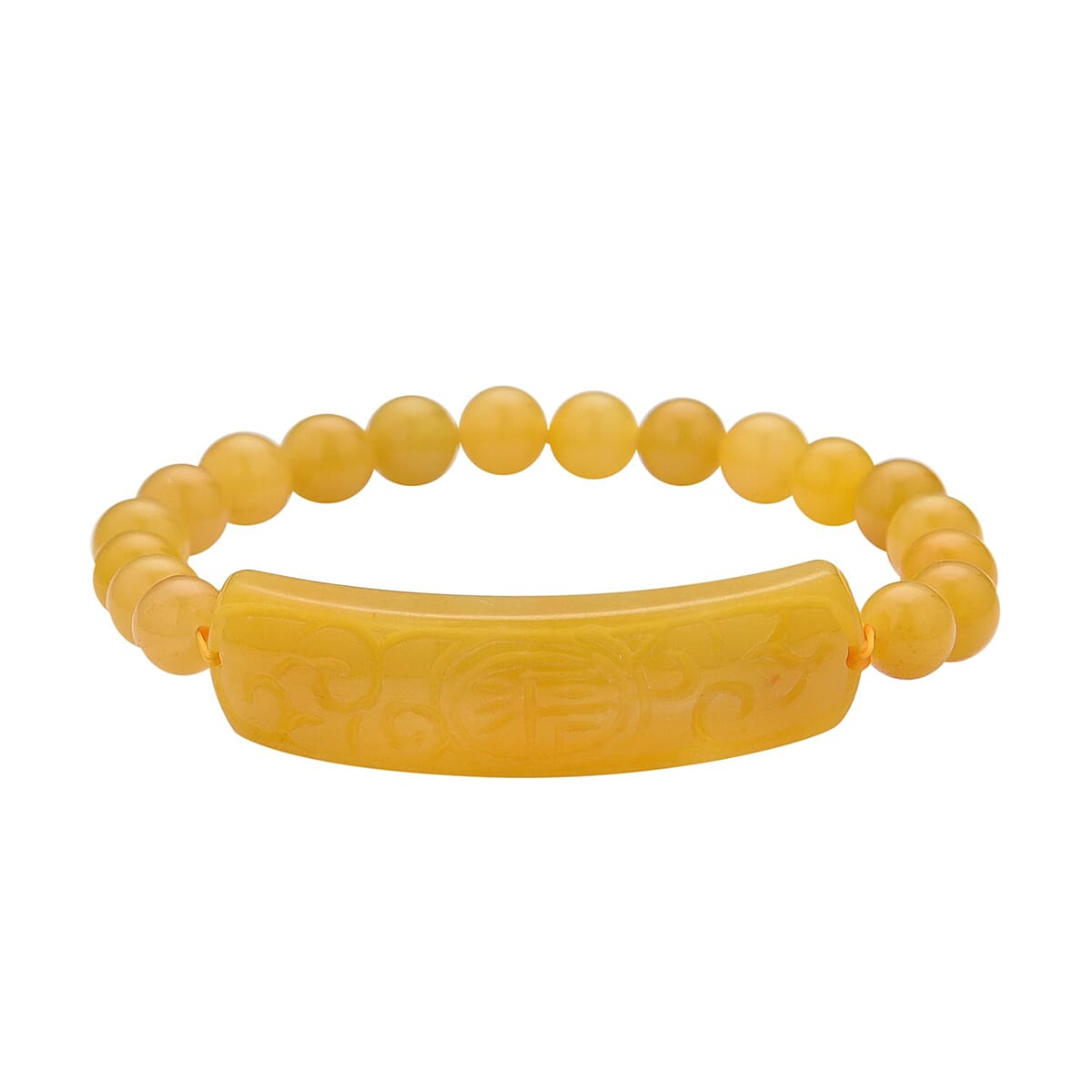 Honey Jade (D) Bead Stretch Bracelet, Ancient Coin Detail Carved Bar Bracelet 150.00 ctw image number 0