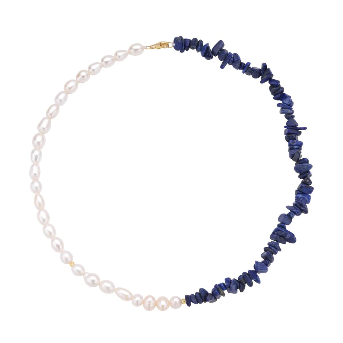 Freshwater Cultured Pearl, Lapis Lazuli and Champagne Glass Chips Necklace 18 Inches in 14K Yellow Gold Over Sterling Silver 100.00 ctw image number 0
