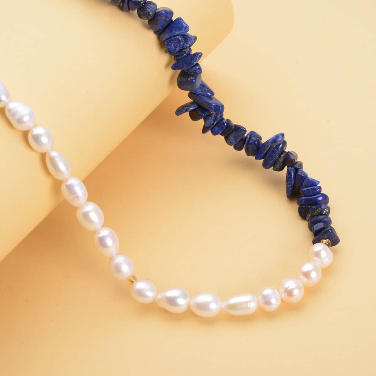 Freshwater Cultured Pearl, Lapis Lazuli and Champagne Glass Chips Necklace 18 Inches in 14K Yellow Gold Over Sterling Silver 100.00 ctw image number 1
