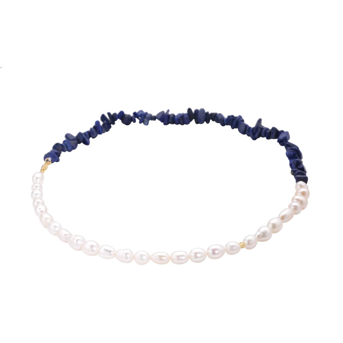 Freshwater Cultured Pearl, Lapis Lazuli and Champagne Glass Chips Necklace 18 Inches in 14K Yellow Gold Over Sterling Silver 100.00 ctw image number 2