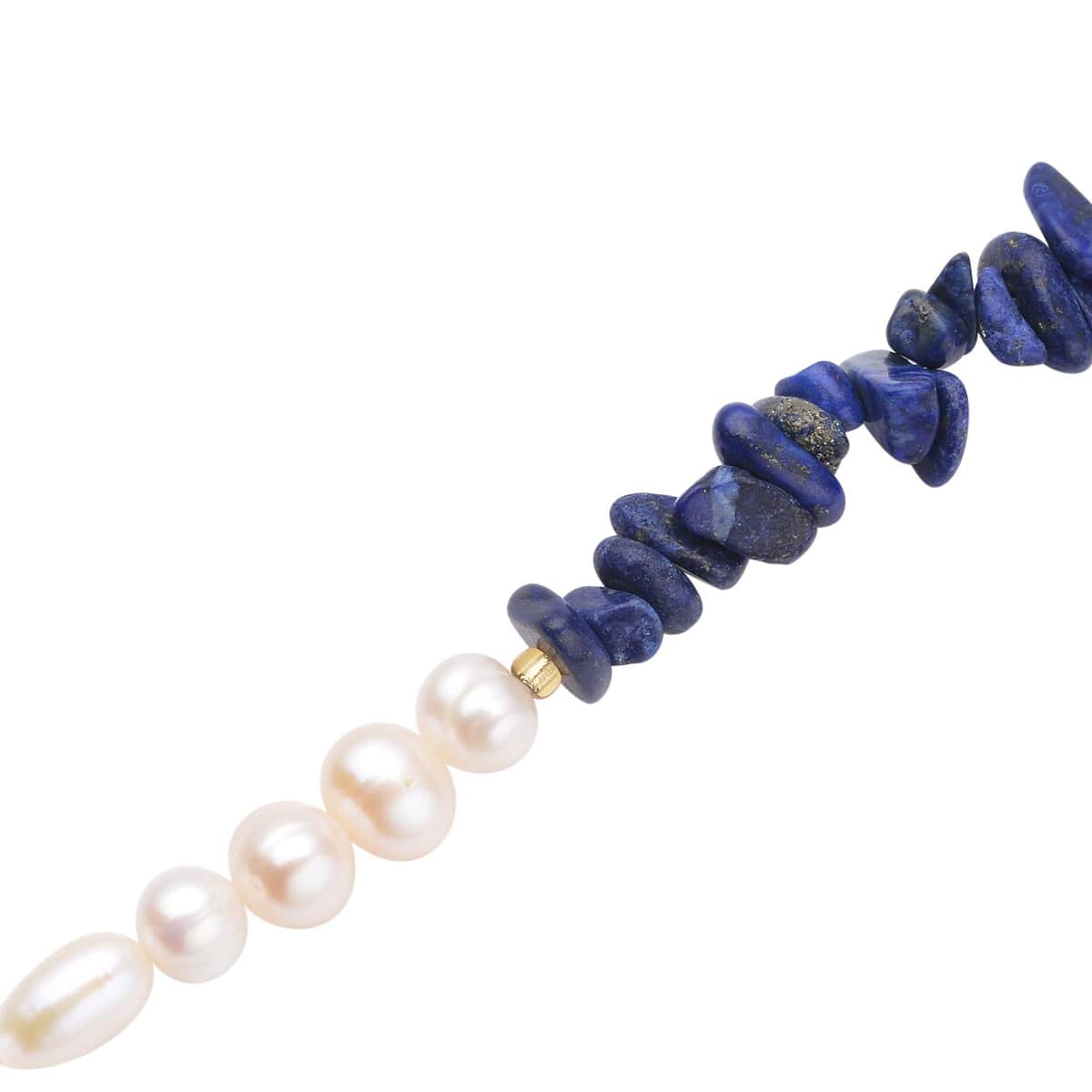 Freshwater Cultured Pearl, Lapis Lazuli and Champagne Glass Chips Necklace 18 Inches in 14K Yellow Gold Over Sterling Silver 100.00 ctw image number 3