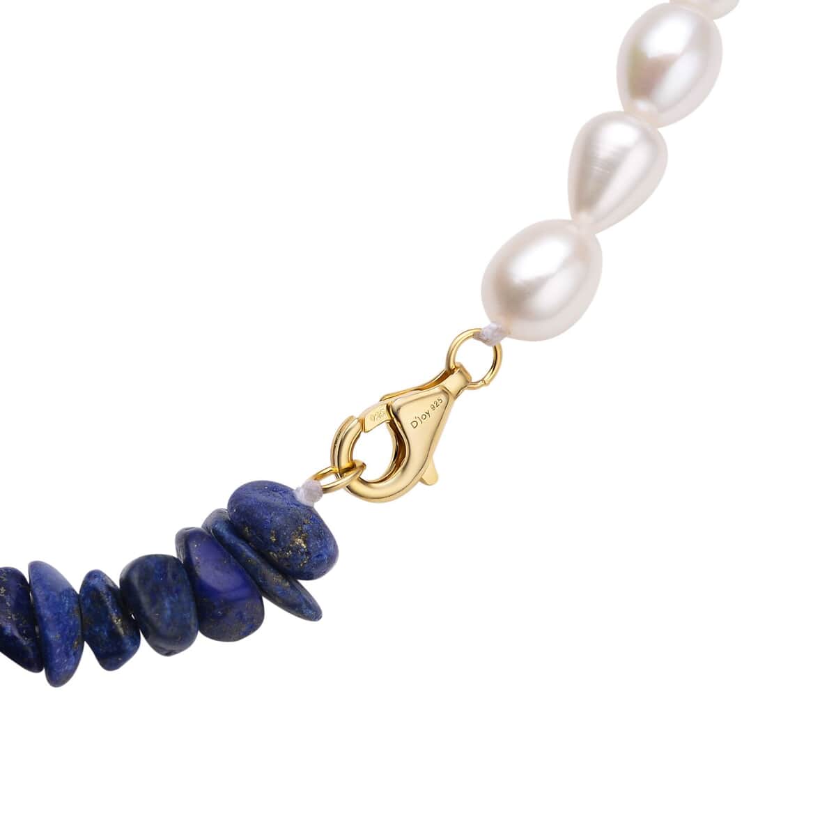 Freshwater Cultured Pearl, Lapis Lazuli and Champagne Glass Chips Necklace 18 Inches in 14K Yellow Gold Over Sterling Silver 100.00 ctw image number 4