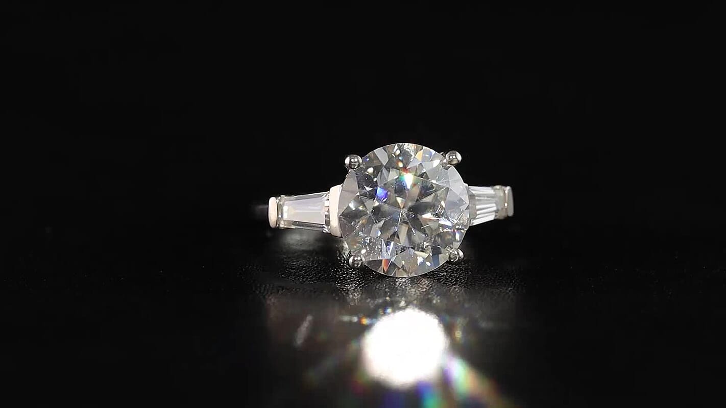 D'Joy Heart & Arrow Cut Moissanite (Rnd 10 mm) Ring in Rhodium Over Sterling Silver (Size 10.0) 3.90 ctw