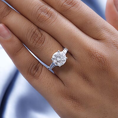 D'Joy Moissanite Heart & Arrow Cut Ring in Rhodium Over Sterling Silver 3.90 ctw (Size 10.0)