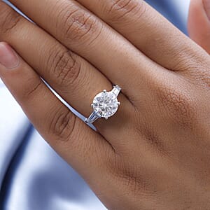 D'Joy Moissanite Heart & Arrow Cut Ring in Rhodium Over Sterling Silver 3.90 ctw (Size 5.0)
