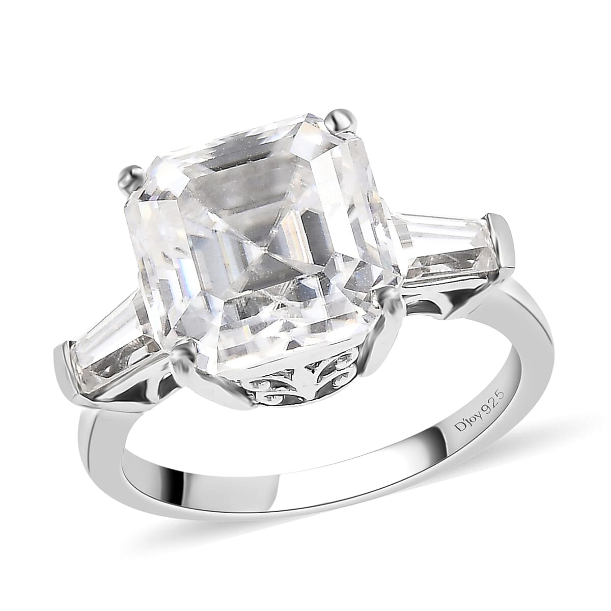 Moissanite Ring in Platinum Over Sterling Silver, Heart Arrow Cut, Moissanite Trilogy Ring, Wedding Rings 4.75 ctw image number 0