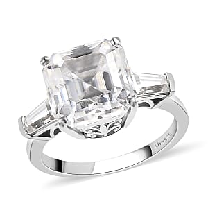 Moissanite Ring in Platinum Over Sterling Silver, Heart Arrow Cut, Moissanite Trilogy Ring, Wedding Rings 4.75 ctw