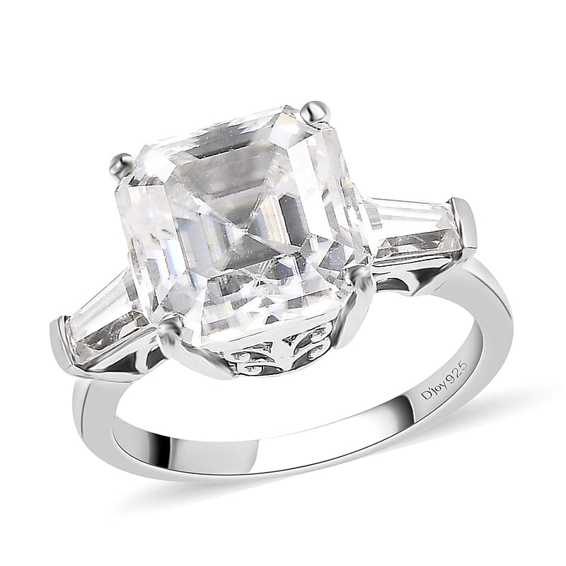 Moissanite Ring in Platinum Over Sterling Silver, Heart Arrow Cut, Moissanite Trilogy Ring, Wedding Rings 4.75 ctw