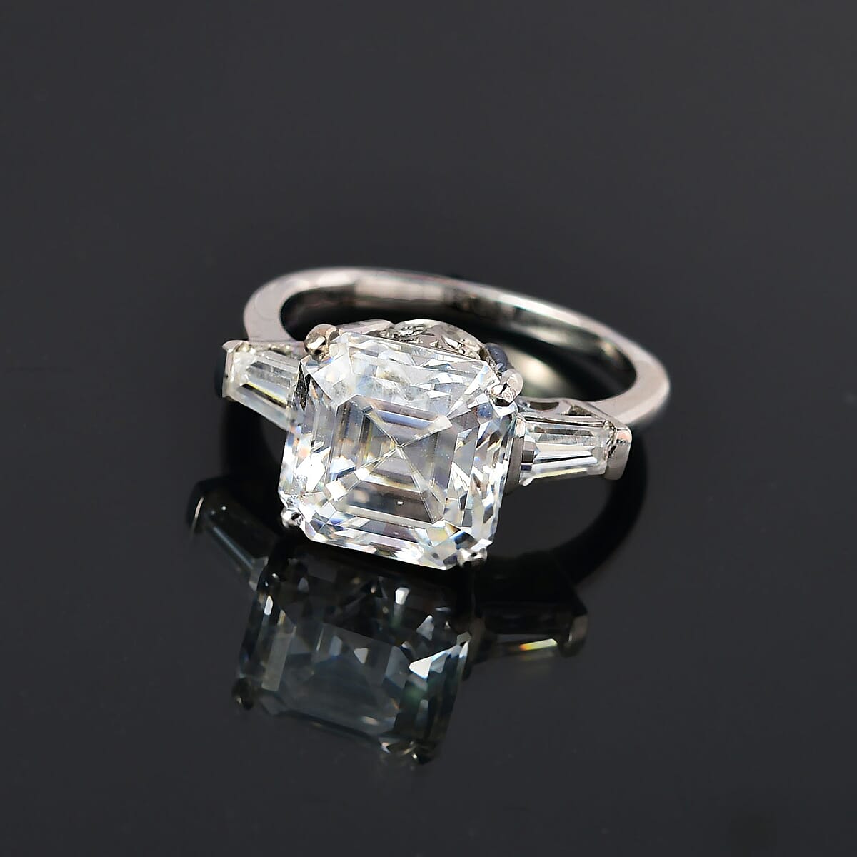 Moissanite Ring in Platinum Over Sterling Silver, Heart Arrow Cut, Moissanite Trilogy Ring, Wedding Rings 4.75 ctw image number 1