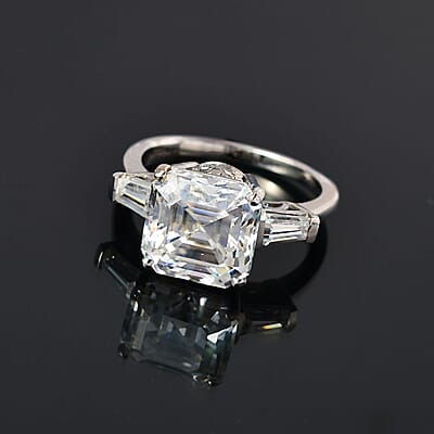 Moissanite Ring in Platinum Over Sterling Silver, Heart Arrow Cut, Moissanite Trilogy Ring, Wedding Rings 4.75 ctw