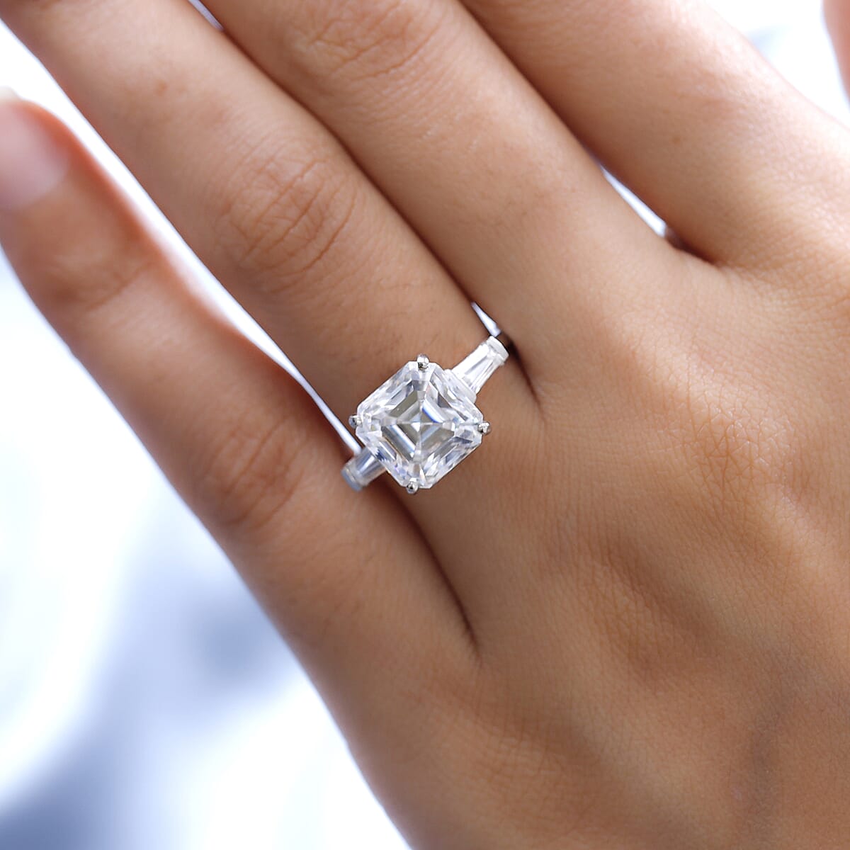 Moissanite Ring in Platinum Over Sterling Silver, Heart Arrow Cut, Moissanite Trilogy Ring, Wedding Rings 4.75 ctw image number 2