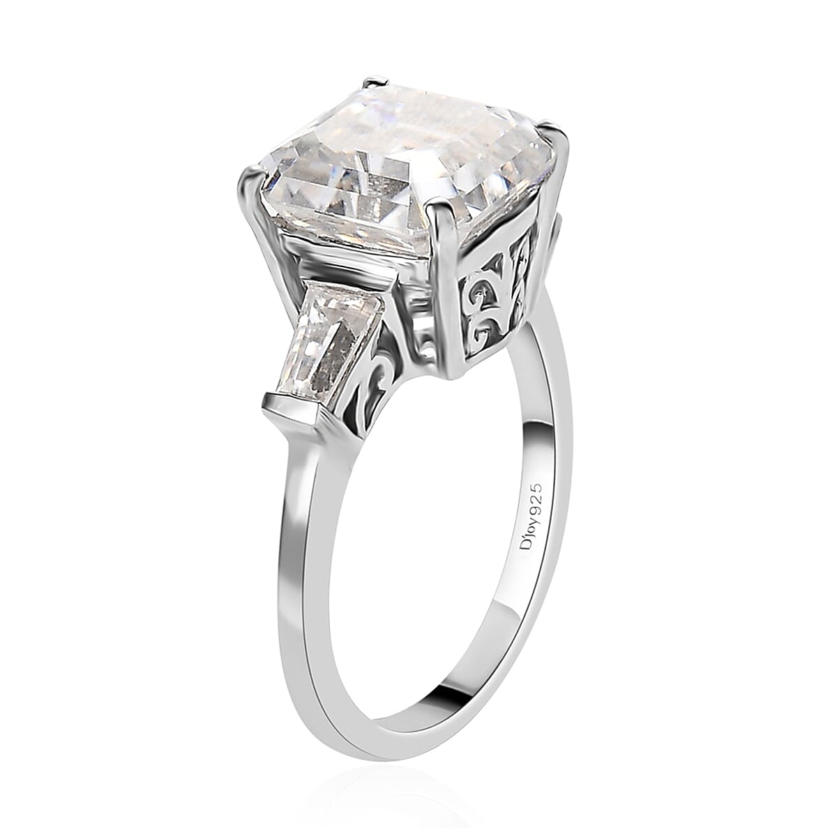 Moissanite Ring in Platinum Over Sterling Silver, Heart Arrow Cut, Moissanite Trilogy Ring, Wedding Rings 4.75 ctw image number 3