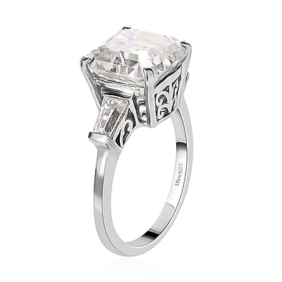 Moissanite Ring in Platinum Over Sterling Silver, Heart Arrow Cut, Moissanite Trilogy Ring, Wedding Rings 4.75 ctw