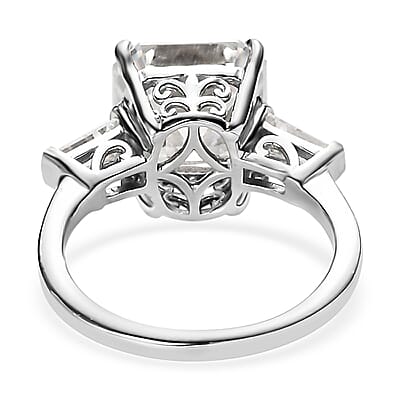 Moissanite Ring in Platinum Over Sterling Silver, Heart Arrow Cut, Moissanite Trilogy Ring, Wedding Rings 4.75 ctw