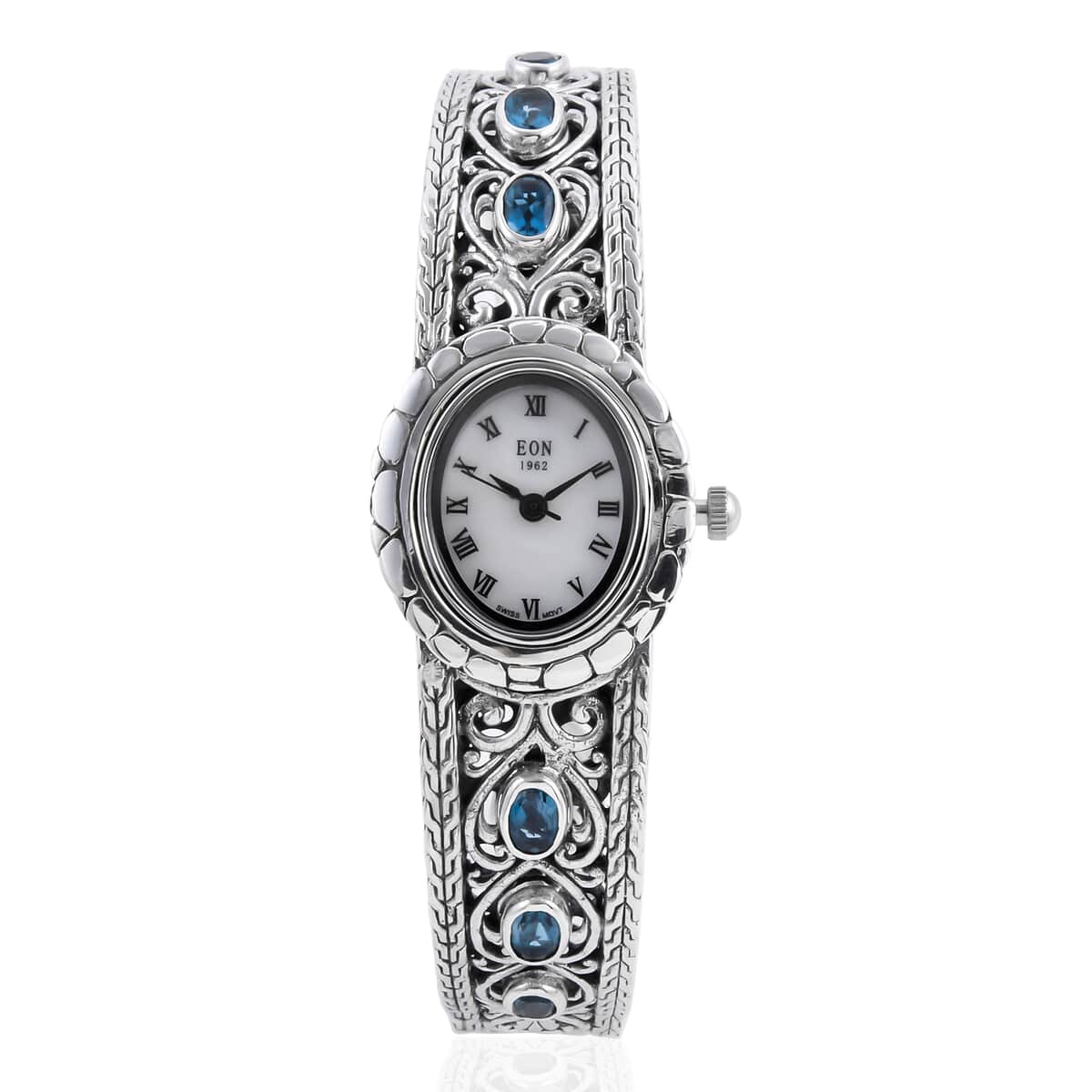 Bali Legacy Eon 1962 London Blue Topaz Swiss Movement Cuff Bracelet Watch with MOP Dial in Sterling Silver (7.50 in) 3.65 ctw image number 0