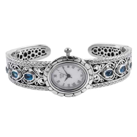 Bali Legacy Eon 1962 London Blue Topaz Swiss Movement Cuff Bracelet Watch with MOP Dial in Sterling Silver (7.50 in) 3.65 ctw image number 3