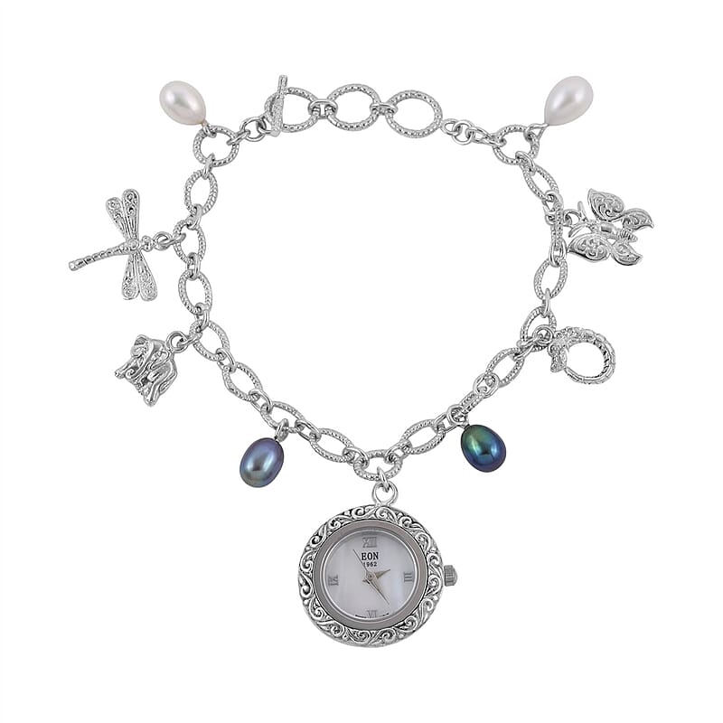 Eon 1962 Swiss Movement Mother Of Pearl and Freshwater Pearl Bracelet Watch in Sterling Silver (6.50-8.00In) (22 mm Case)