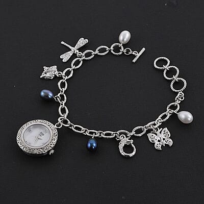 Eon 1962 Swiss Movement Mother Of Pearl and Freshwater Pearl Bracelet Watch in Sterling Silver (6.50-8.00In) (22 mm Case)