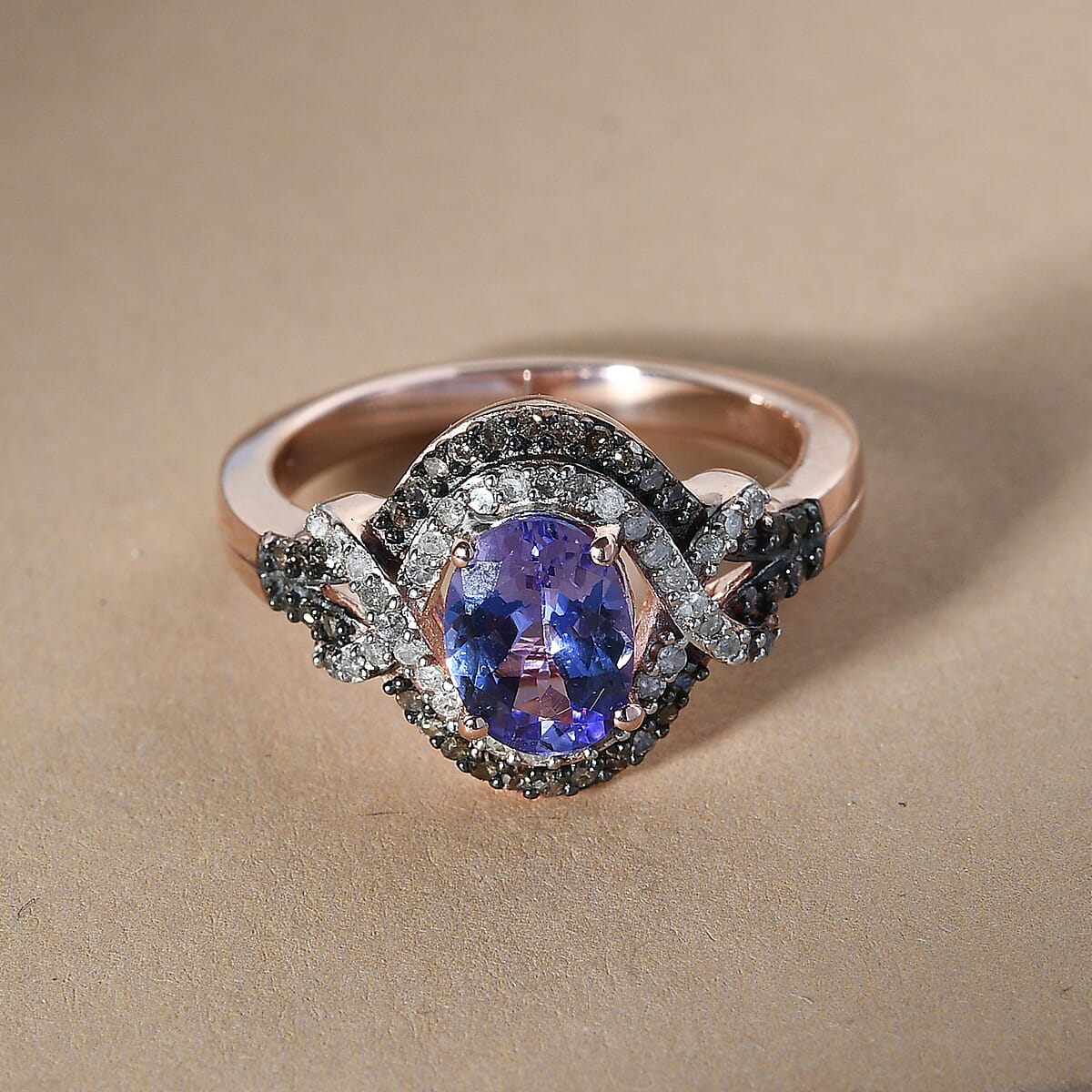 Tanzanite and Natural Champagne and White Diamond Ring in Rhodium & Vermeil Rose Gold Over Sterling Silver 1.30 ctw image number 2