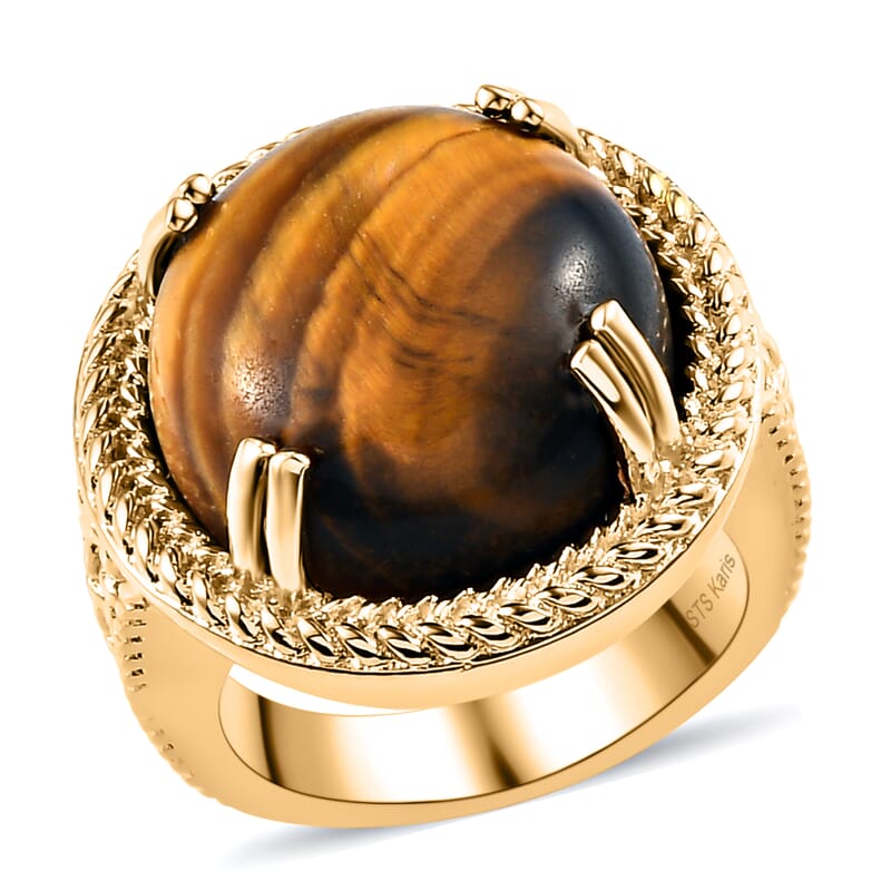 Karis South African Tiger's Eye Solitaire Ring in 18K YG Plated (Size 10.0) 12.25 ctw