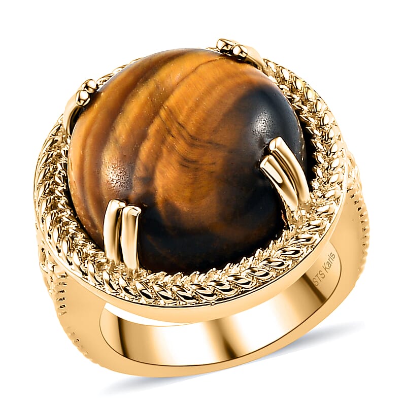 Karis South African Tiger's Eye Solitaire Ring in 18K YG Plated (Size 10.0) 12.25 ctw
