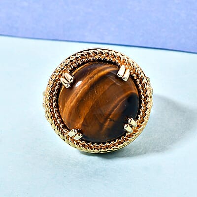 Karis South African Tiger's Eye Solitaire Ring in 18K YG Plated (Size 10.0) 12.25 ctw