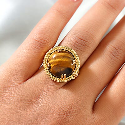 Karis South African Tiger's Eye Solitaire Ring in 18K YG Plated (Size 10.0) 12.25 ctw