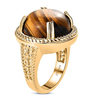 Karis South African Tiger's Eye Solitaire Ring in 18K YG Plated (Size 10.0) 12.25 ctw