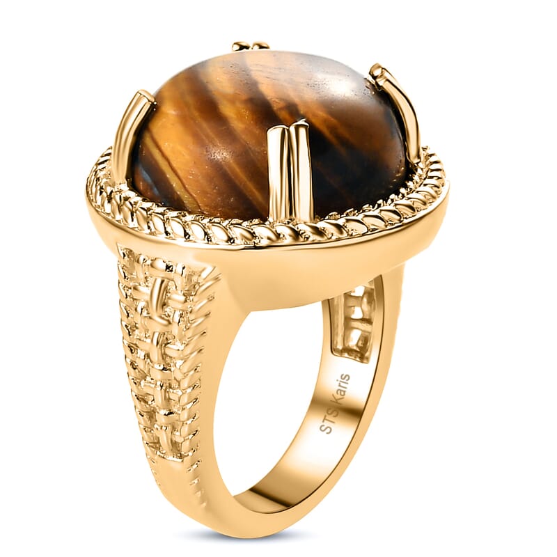 Karis South African Tiger's Eye Solitaire Ring in 18K YG Plated (Size 10.0) 12.25 ctw