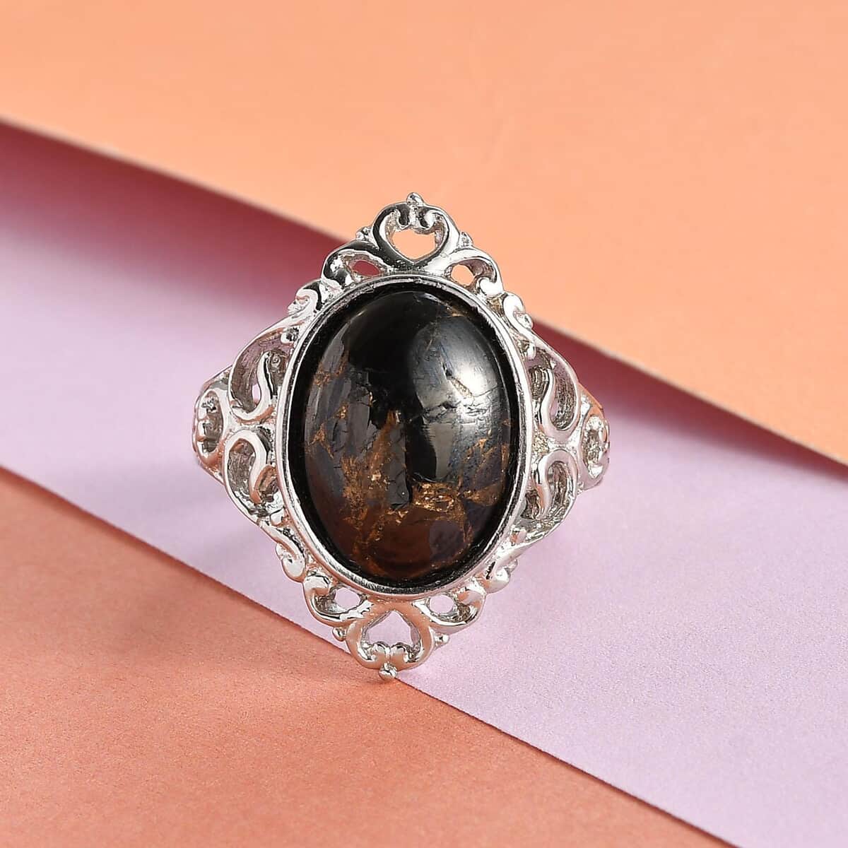 Artisan Crafted Matrix Silver Shungite Solitaire Ring in Platinum Over Copper (Size 10.0) 4.25 ctw image number 1