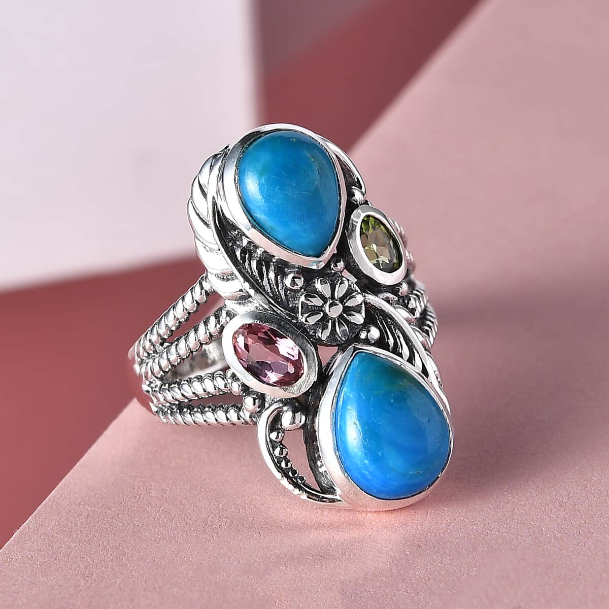 Artisan Crafted Peruvian Opalina and Multi Gemstone Ring in Sterling Silver 2.85 ctw image number 1