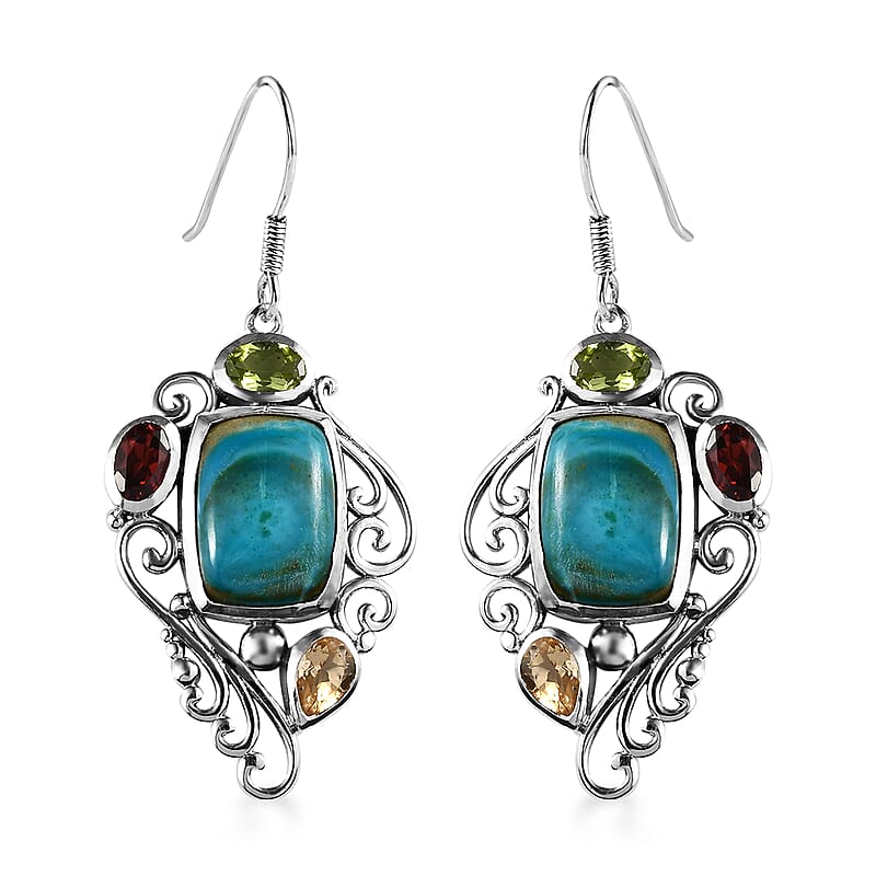 Artisan Crafted Peruvian Opalina and Multi Gemstone Fancy Earrings in Sterling Silver 14.35 ctw