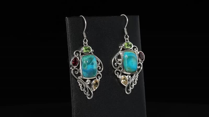 Artisan Crafted Peruvian Opalina and Multi Gemstone Fancy Earrings in Sterling Silver 14.35 ctw