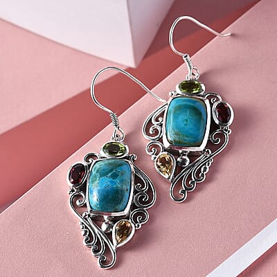 Artisan Crafted Peruvian Opalina and Multi Gemstone Fancy Earrings in Sterling Silver 14.35 ctw