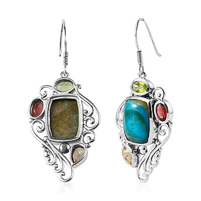Artisan Crafted Peruvian Opalina and Multi Gemstone Fancy Earrings in Sterling Silver 14.35 ctw