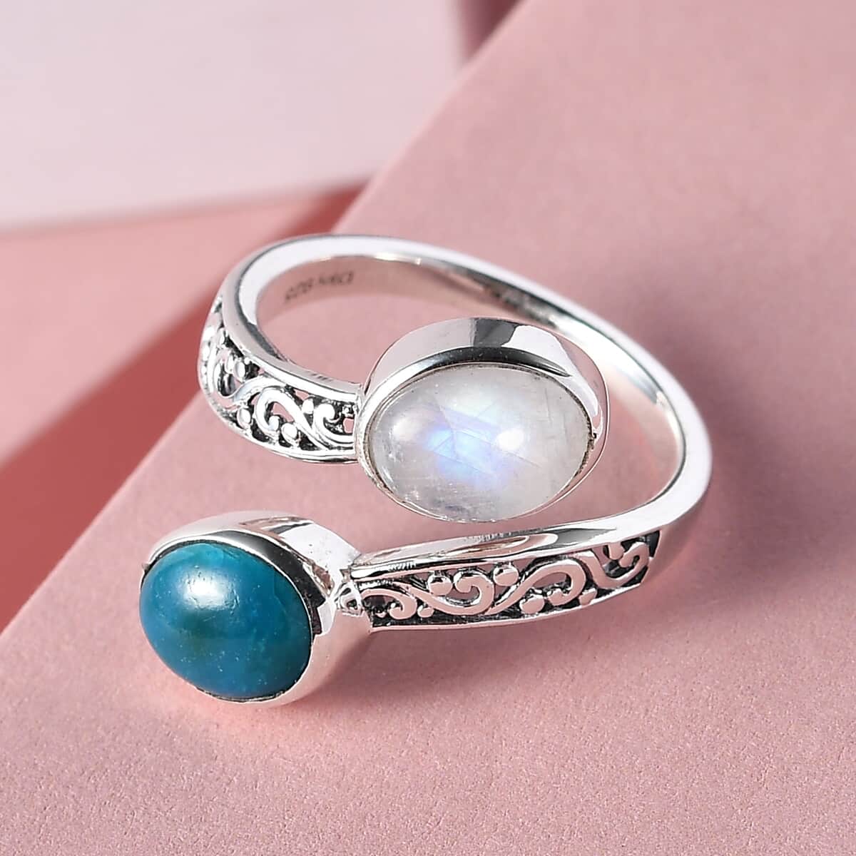 Artisan Crafted Peruvian Opalina and Rainbow Moonstone Bypass Ring in Sterling Silver 2.60 ctw image number 1