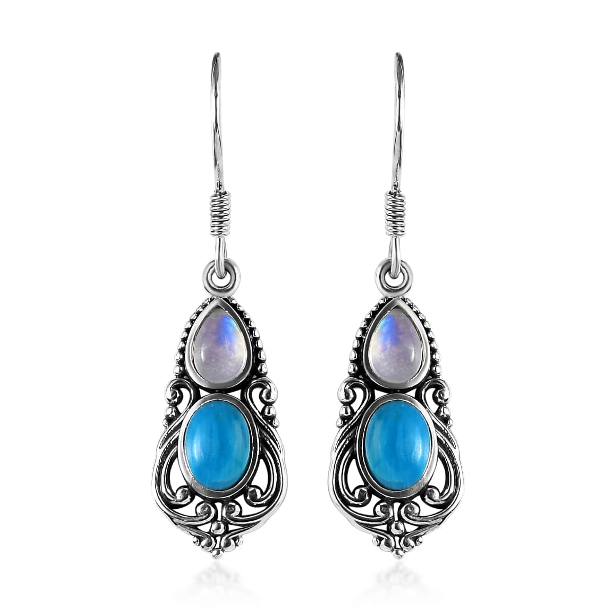 Artisan Crafted Peruvian Opalina and Premium Rainbow Moonstone Fish Hook Earrings in Sterling Silver 2.25 ctw image number 0