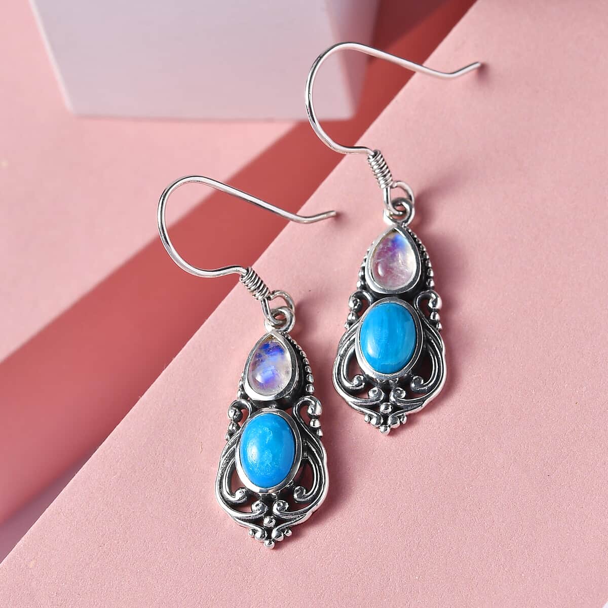 Artisan Crafted Peruvian Opalina and Premium Rainbow Moonstone Fish Hook Earrings in Sterling Silver 2.25 ctw image number 1
