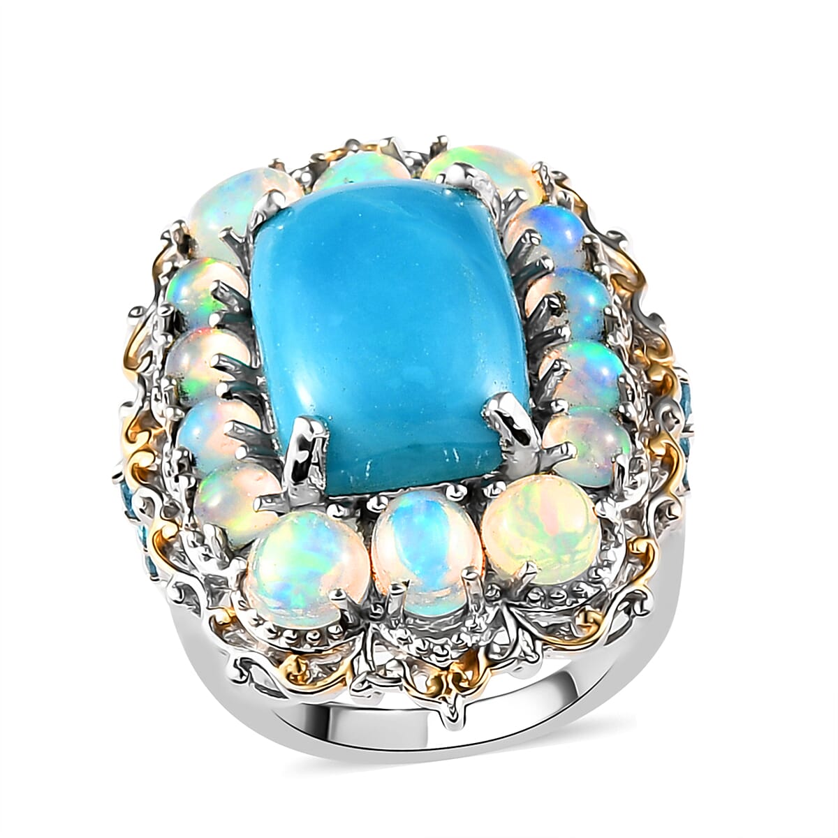 Premium Peruvian Opalina and Multi Gemstone Halo Ring in Vermeil Yellow Gold and Platinum Over Sterling Silver (Size 10.0) 8.15 ctw