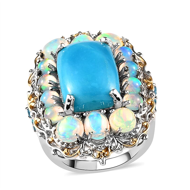Premium Peruvian Opalina and Multi Gemstone Halo Ring in Vermeil Yellow Gold and Platinum Over Sterling Silver (Size 10.0) 8.15 ctw