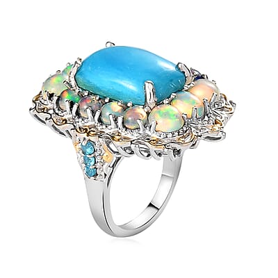 Premium Peruvian Opalina and Multi Gemstone Halo Ring in Vermeil Yellow Gold and Platinum Over Sterling Silver (Size 10.0) 8.15 ctw