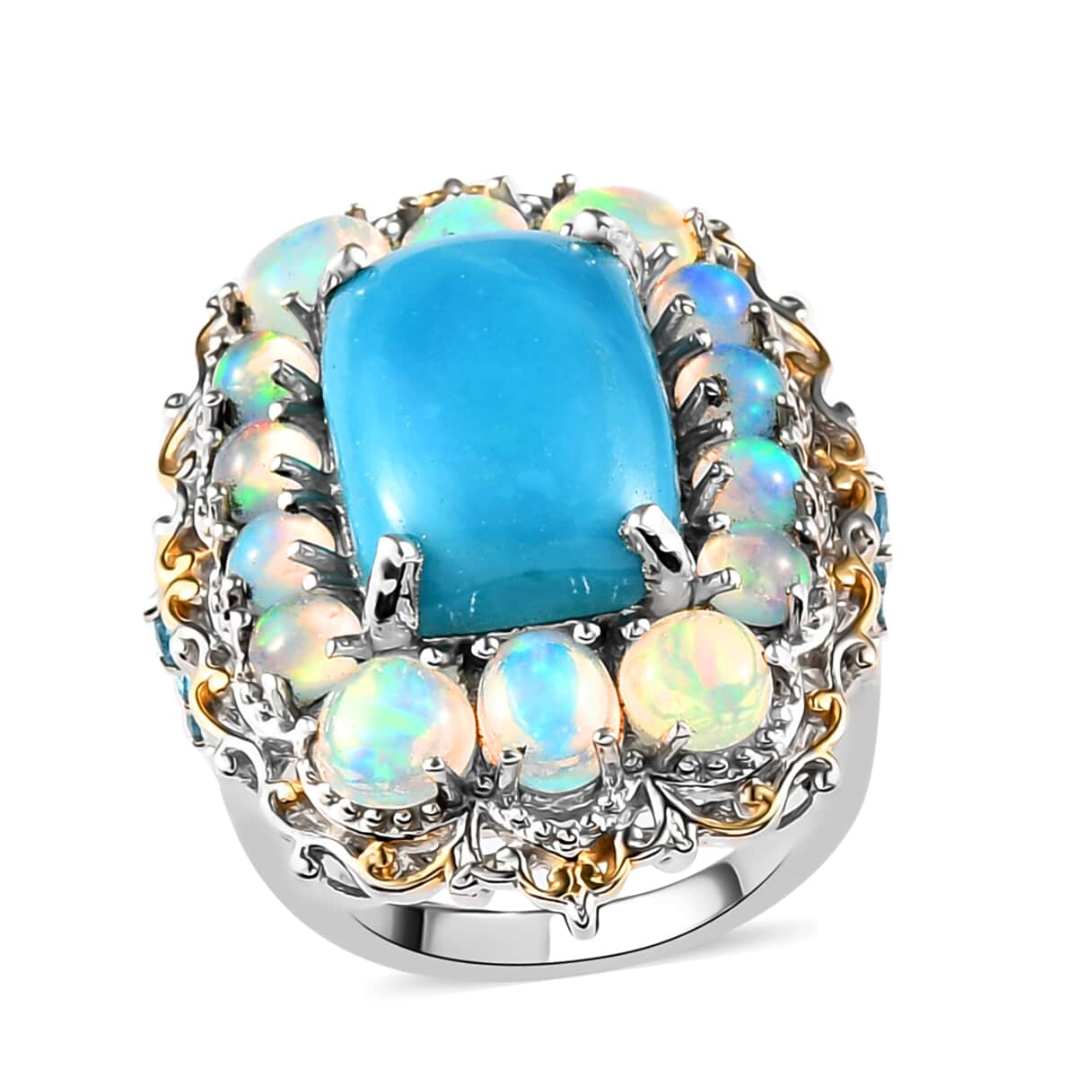 Premium Peruvian Opalina and Multi Gemstone Halo Ring in Vermeil Yellow Gold and Platinum Over Sterling Silver (Size 6.0) 8.15 ctw image number 0